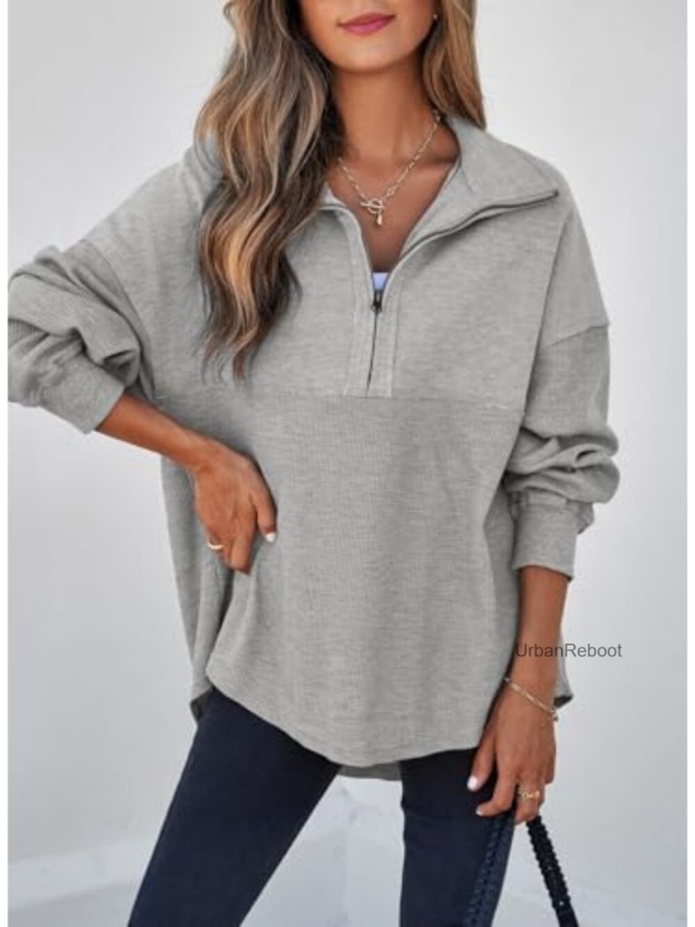 Oversized Half Zip Pullover Sweatshirt Loose Fit Long Sleeve - Picture 3 of 6